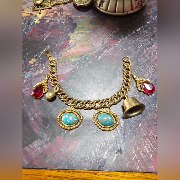 Gold Charm Bracelet with Red and Blue Accents. Size 7 Inch